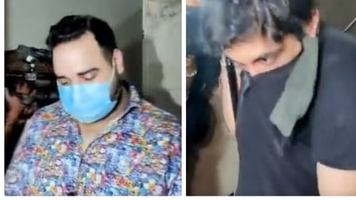 Rishabh Sachdeva and Pratik Gaba can be seen exiting from the NCB office after detention, Nawab Malik posted a video on Twitter. Rishabh Sachdeva and Pratik Gaba can be seen exiting from the NCB office after detention, Nawab Malik posted a video on Twitter. 