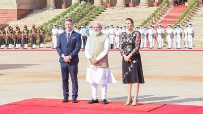 Prime Minister Narendra Modi poses for a photograph with Denmark's Prime Minister Mette Frederiksen and her husband during a ceremonial reception at Rashtrapati Bhavan. (File Photo / PTI) Prime Minister Narendra Modi poses for a photograph with Denmark's Prime Minister Mette Frederiksen and her husband during a ceremonial reception at Rashtrapati Bhavan. (File Photo / PTI)