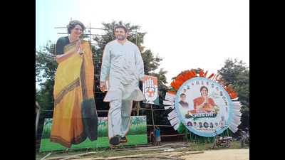 Mega cut-outs of Congress general secretary Priyanka Gandhi Vadra and party leader Rahul Gandhi have been put up at the venue of the rally (HT Photo) Mega cut-outs of Congress general secretary Priyanka Gandhi Vadra and party leader Rahul Gandhi have been put up at the venue of the rally (HT Photo)