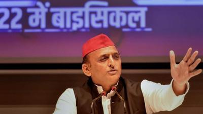 Samajwadi Party chief Akhilesh Yadav at a press conference in Lucknow on Saturday. (PTI Photo)