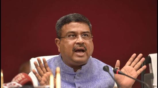 Union education minister Dharmendra Pradhan at a review meeting on New Education Policy and other issues in Lucknow on Saturday. (PTI Photo)