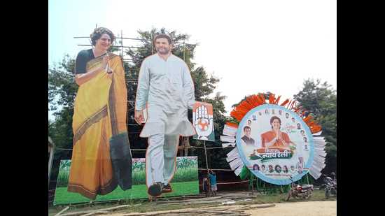 Mega cut-outs of Congress general secretary Priyanka Gandhi Vadra and party leader Rahul Gandhi have been put up at the venue of the rally (HT Photo)