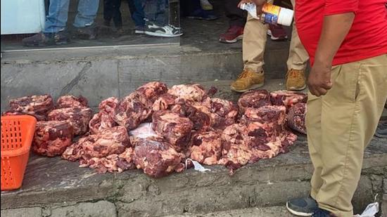 A total 296kg of rotten meat was destroyed in Ludhiana meat shops during the raids and 19 challans were issued. (HT Photo)