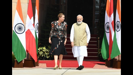 Prime Minister Narendra Modi with Danish Prime Minister Mette Frederiksen, at Hydrabad House, in New Delhi on Saturday. (PIB)