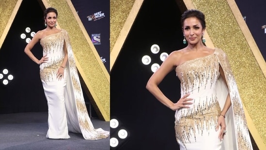 Malaika Arora wore a one-shoulder white and gold gown as she arrived for the launch of her new dance reality show, India's Best Dancer. (Varinder Chawla)