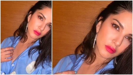 Sunny Leone donned a blue and white shirt which she turned into a crop top by tying it in the front.(Instagram/@sunnyleone)