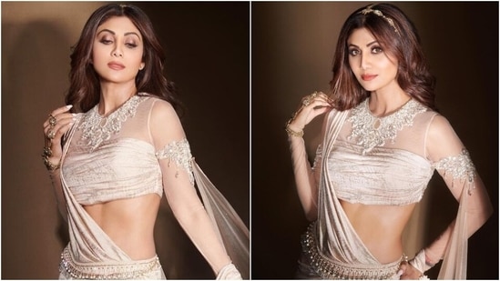 Shilpa Shetty gives a winter twist to her off-white saree with a