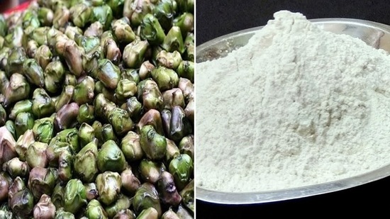 2. Singhara or water chestnut: Singhara is a fruit and the flour is obtained after drying the fruit. It is low in sodium, high in potassium, calcium, iron, zinc, phosphorus and fibre too. Singhara flour has a cooling effect on the body.(Wikipedia, Instagram)