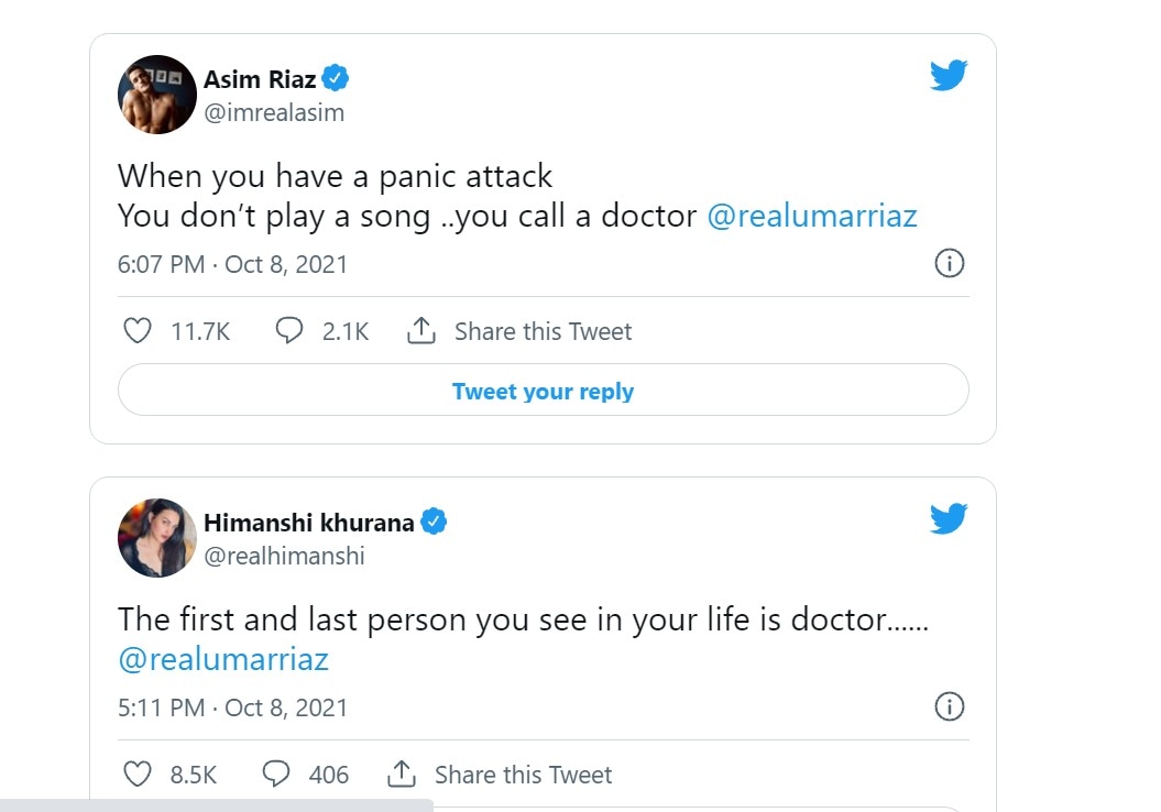 A glimpse of Asim's and Himanshi's tweets. &nbsp;