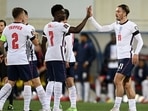 Jack Grealish of England celebrates with Bukayo Saka after scoring their team's fifth goal.&nbsp;