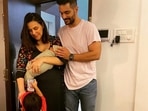 Neha Dhupia shares first clear glimpse of newborn son. Neha Dhupia shares first clear glimpse of newborn son.