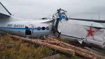 The wreckage of the L-410 plane is seen at the crash site in Tatarstan region of Russia October 10, 2021. (Russia's Emergencies Ministry/Handout via REUTERS)