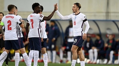 Jack Grealish of England celebrates with Bukayo Saka after scoring their team's fifth goal. (Getty) Jack Grealish of England celebrates with Bukayo Saka after scoring their team's fifth goal. (Getty)