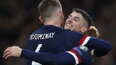 Ryan Christie congratulates Scott McTominay on scoring the winning goal. (Getty) Ryan Christie congratulates Scott McTominay on scoring the winning goal. (Getty)