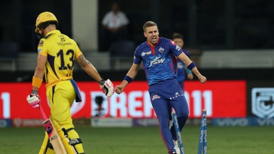DC were off to a fine start as Anrich Nortje dismissed Faf du Plessis in the first over (BCCI/IPL)