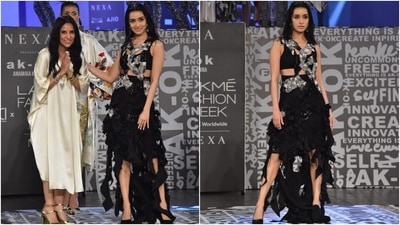 Shraddha's black outfit featured a cropped bralette teamed with the asymmetric dress carrying straps embellished with beads and sequins. The additional frayed tassels from the waist-down gave the ensemble an added edge. (HT Photo/Varinder Chawla)