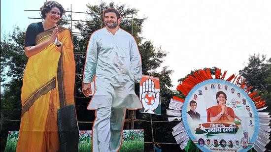 Cutouts of Congress Secretary General Priyanka Gandhi Vadra and Party Leader Rahul Gandhi at the Kisan Nyay Gathering Site in Varanasi.  (Photo PTI)