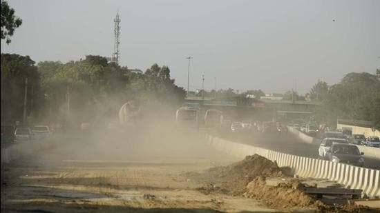 Dust pollution at the site of the Sohna Road construction. Over the past week, air quality fell from satisfactory to poor levels. (Parveen Kumar/HT Photo) Dust pollution at the site of the Sohna Road construction. Over the past week, air quality fell from satisfactory to poor levels. (Parveen Kumar/HT Photo)
