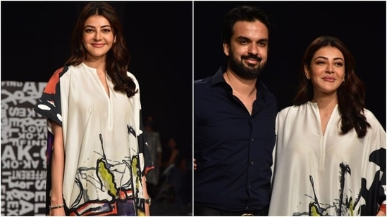 Kajal Aggarwal in printed kaftan brings her fashion A-game with Gautam Kitchlu at LFW(HT Photo/Varinder Chawla)