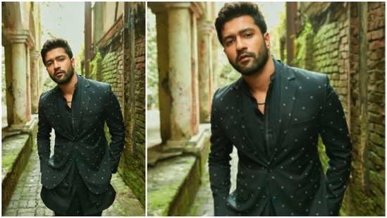 Vicky Kaushal opted for a rustic background for his photoshoot in black kurta pyjama.(Instagram/@vickykaushal09)