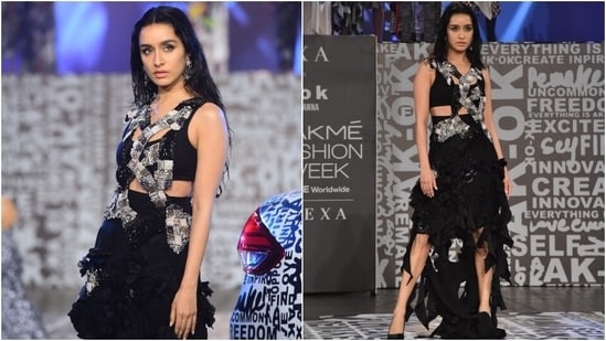 Shraddha chose a black textured dress that was reminiscent of several Anamika Khanna signature details. It came with cut-outs, criss-cross sections and an ethereal subtlety.(HT Photo/Varinder Chawla)