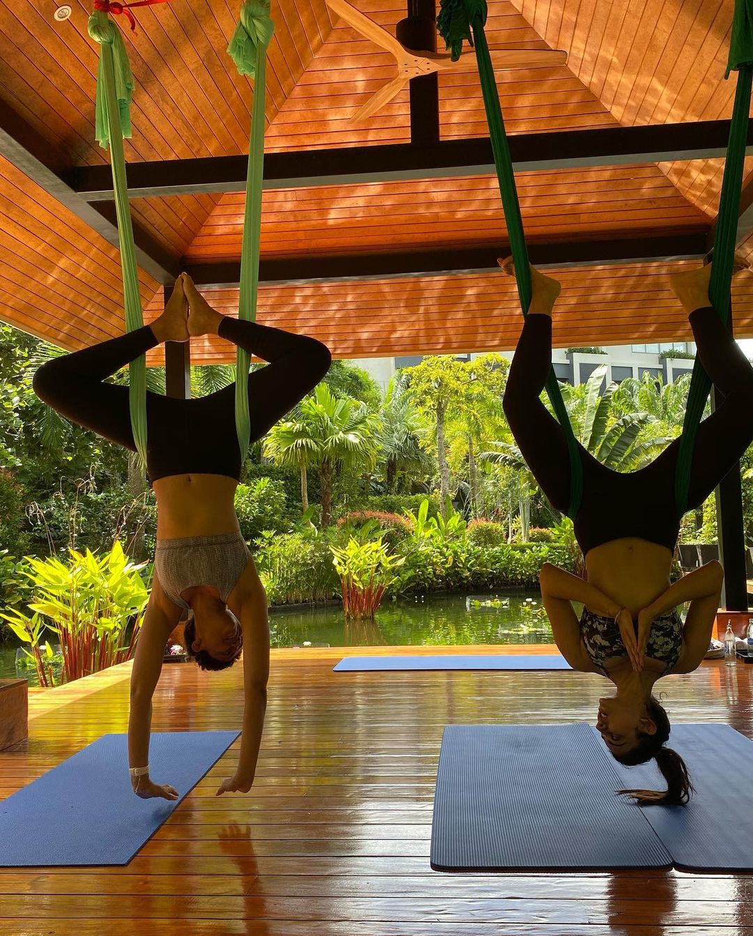 Rakul Preet practises an aerial yoga asana.&nbsp;(Instagram/@anshukayoga)