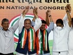 Uttarakhand minister and senior BJP leader Yashpal Arya and his son BJP MLA Sanjeev Arya join Congress party.(ANI Photo)