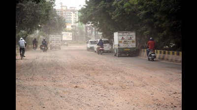 Restoration work of CISF Road in Ghaziabad has been pending since the completion of the pipeline project in January. (Sakib Ali/HT) Restoration work of CISF Road in Ghaziabad has been pending since the completion of the pipeline project in January. (Sakib Ali/HT)