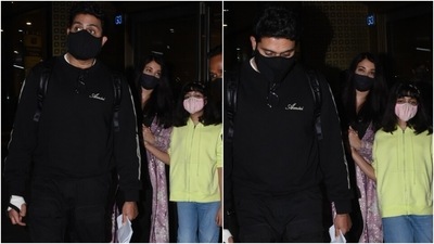 For their flight to Mumbai, the family of three were dress in comfortable ensembles and served airport fashion goals. While Abhishek and Aaradhya chose comfy fits, Aishwarya opted for a more chic attire. (HT Photo/Varinder Chawla)