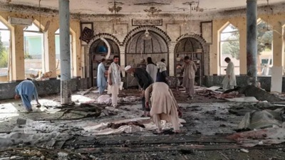 People view the damage inside of a mosque following a bombing in Kunduz, province northern Afghanistan, on Friday, October. 8, 2021. (AP)