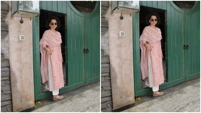 Kangana Ranaut set fashion police on immediate alert with her look of the day. The actor adorned a rose pink chikankari salwar suit as she made her way to her office. (HT Photos/Varinder Chawla)