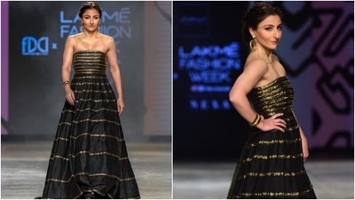 Soha Ali Khan turned muse for the label Abstract by Megha Jain Madaan. She wore a strapless black gold embroidered gown from the designer's latest collection. She looked gorgeous in the structured look accessorised with bracelet and hoop earrings. Soha Ali Khan turned muse for the label Abstract by Megha Jain Madaan. She wore a strapless black gold embroidered gown from the designer's latest collection. She looked gorgeous in the structured look accessorised with bracelet and hoop earrings.
