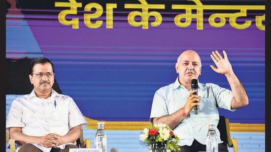 Delhi CM Arvind Kejriwal with his deputy Manish Sisodia during the launch of the ‘Desh Ke Mentors’ programme at Thyargraj Stadium in New Delhi on Monday. (ANI)