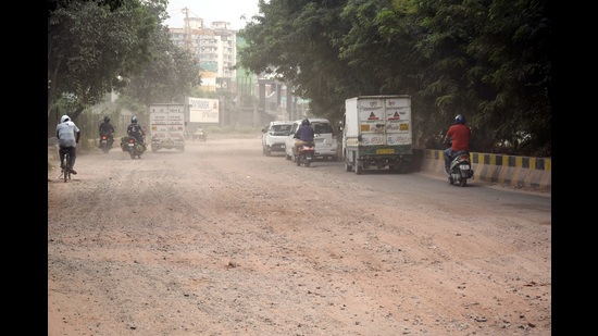 Restoration work of CISF Road in Ghaziabad has been pending since the completion of the pipeline project in January. (Sakib Ali/HT)