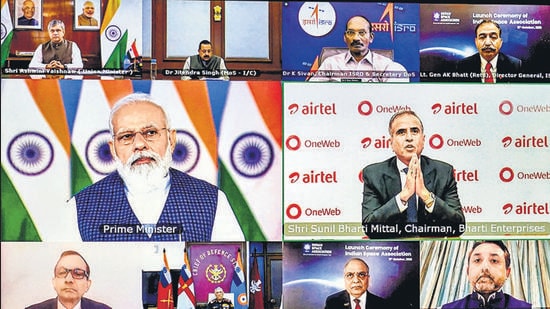 Prime Minister Narendra Modi interacts with dignitaries at the inauguration of Indian Space Association (ISpA) in New Delhi on Monday. (PTI)