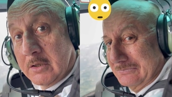 Anupam Kher and Boman Irani ride a helicopter in Nepal.&nbsp;