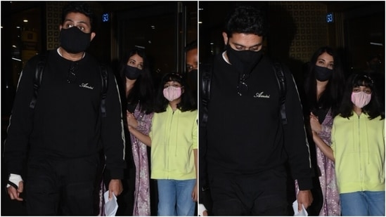 For their flight to Mumbai, the family of three were dress in comfortable ensembles and served airport fashion goals. While Abhishek and Aaradhya chose comfy fits, Aishwarya opted for a more chic attire.(HT Photo/Varinder Chawla)