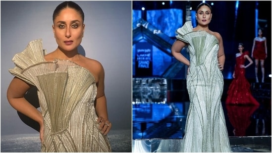 Kareena Kapoor Khan walked the ramp for Gaurav Gupta's new collection Redefine. The Bollywood actor dressed in a structured gown turned showstopper for the designer and brought a fitting end to the five-day extravaganza. She wore a strapless white gown featuring an exaggerated one-shoulder neckline illusion and patterned silver embellishments running all over the ensemble.