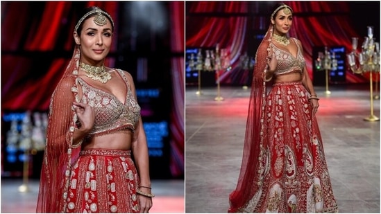 Malaika Arora walked the ramp on day 5 of Lakme Fashion Week for Annu's Creation. The star displayed a stunning creation from the label's latest bridal wear collection. She chose a heavily embroidered red lehenga set created by designer Annu Patel and turned into the most gorgeous bride ever.