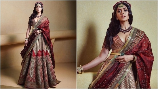 Mrunal Thakur turned showstopper for JJ Valaya during FDCI Showcase at Lakme Fashion Week. She chose a bespoke lehenga set from the label's Rumeli Festive line. She wore a scarlet-hued silk organza lehenga inspired by the Turks and Balkan.