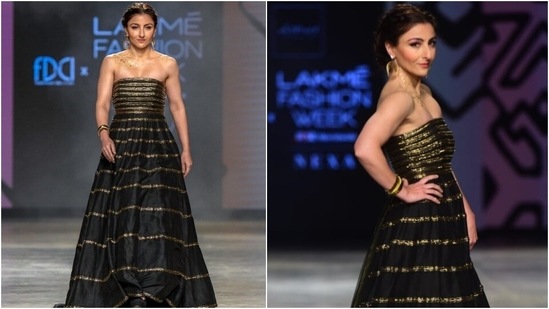 Soha Ali Khan turned muse for the label Abstract by Megha Jain Madaan. She wore a strapless black gold embroidered gown from the designer's latest collection. She looked gorgeous in the structured look accessorised with bracelet and hoop earrings.