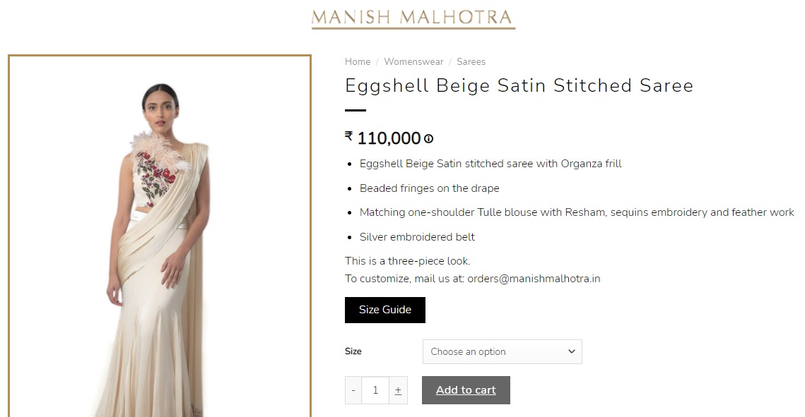 The saree is priced at  ₹110,000 in the designer house's official website. (https://manishmalhotra.in/)