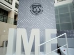 International Monetary Fund logo seen inside the headquarters of the IMF in Washington, U.S.