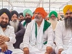 Bharatiya Kisan Union spokesperson Rakesh Tikait with others attend the 'Antim Ardas' of farmers who killed in Lakhimpur Kheri incident.(PTI) Bharatiya Kisan Union spokesperson Rakesh Tikait with others attend the 'Antim Ardas' of farmers who killed in Lakhimpur Kheri incident.(PTI)