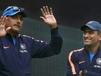 File image of MS Dhoni with Ravi Shastri.(PTI) File image of MS Dhoni with Ravi Shastri.(PTI)