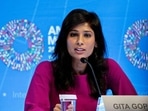 Gita Gopinath, chief economist at the International Monetary Fund (IMF) speaks at a World Economic Outlook news conference in Washington on Tuesday.(Bloomberg) Gita Gopinath, chief economist at the International Monetary Fund (IMF) speaks at a World Economic Outlook news conference in Washington on Tuesday.(Bloomberg)