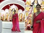 Kajol visited the Durga Puja pandal at Santa Cruz on Tuesday. She was in a red sari. (Varinder Chawla)