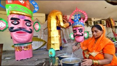 Of the 20-member team working on the Ravana effigy at the Daresi Dussehra ground in Ludhiana, 16 are Muslim workmen, and the rest are Hindus. (Gurpreet Singh/HT) Of the 20-member team working on the Ravana effigy at the Daresi Dussehra ground in Ludhiana, 16 are Muslim workmen, and the rest are Hindus. (Gurpreet Singh/HT)