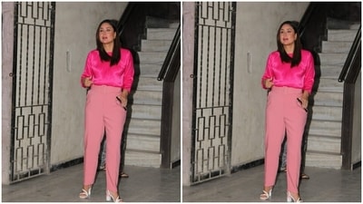 In just eyeliner and a dab of pink lipstick, Kareena posed for the cameras outside her manager’s office. She left her shoulder-length tresses open and opted for white stilettoes to complement her attire. (HT Photos/Varinder Chawla) In just eyeliner and a dab of pink lipstick, Kareena posed for the cameras outside her manager’s office. She left her shoulder-length tresses open and opted for white stilettoes to complement her attire. (HT Photos/Varinder Chawla)