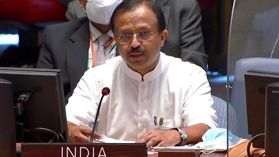 Minister of state of external affairs V Muraleedharan addresses the open debate on peace-building and sustaining peace at UN Security Council in New York on Tuesday. (ANI Photo) (ANI) Minister of state of external affairs V Muraleedharan addresses the open debate on peace-building and sustaining peace at UN Security Council in New York on Tuesday. (ANI Photo) (ANI)